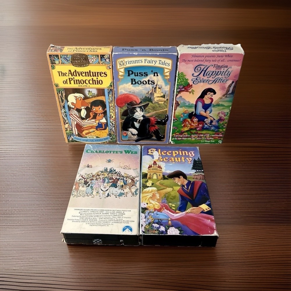 Vintage Fairy Tale VHS Cartoons [Lot of 5] Puss Boots Snow White Sleeping Beauty